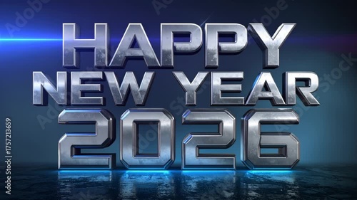 Metallic Happy New Year 2026 Greetings with Blue Lighting