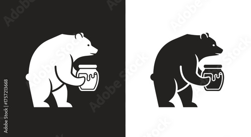 Logo Template Vector of a Minimalist Bear Holding a Honey Pot Icon in Black and White