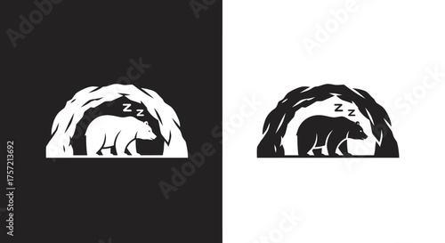 Minimalist Sleeping Bear in Cave Vector Logo Template Black and White Illustration