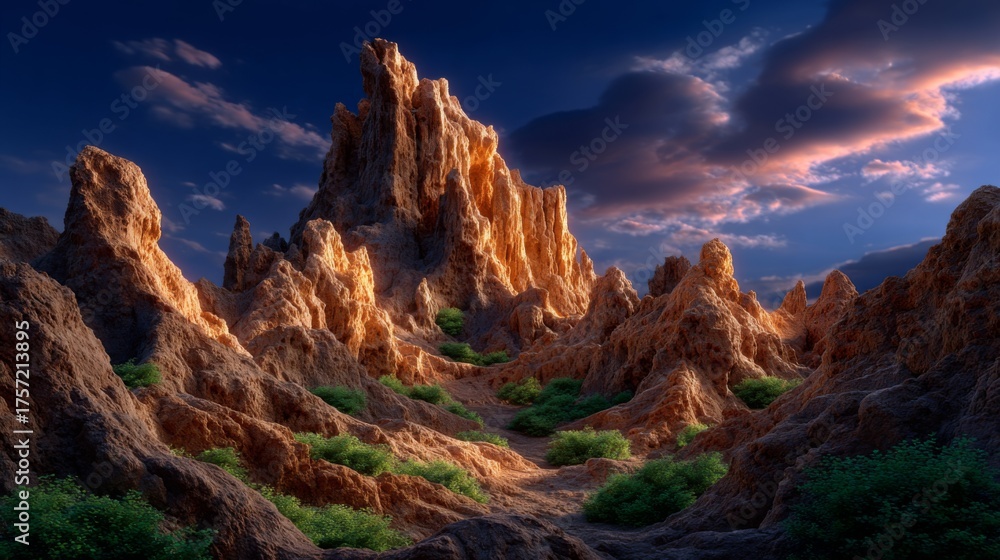 Obraz premium Majestic desert canyon illuminated by golden hour sunset, dramatic rock formations and rugged terrain under a vibrant twilight sky.