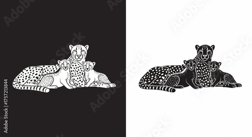 Graphic Vector Illustration of a Cheetah Mother and Cubs Family in a Black and White Linocut Style
