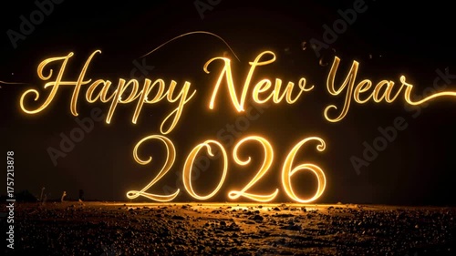 Happy New Year 2026 Glowing Text Effect on Dark Background, Holiday Celebration