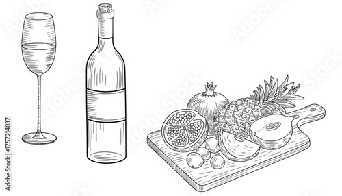 Scalable vector illustration of wine bottle champagne glass and charcuterie board line drawing eps silhouette vector illustration white background