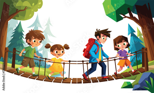 Family hiking adventure on wooden suspension bridge, children exploring forest nature, parents guiding kids outdoors, teamwork, bonding, travel lifestyle, exploration, adventure