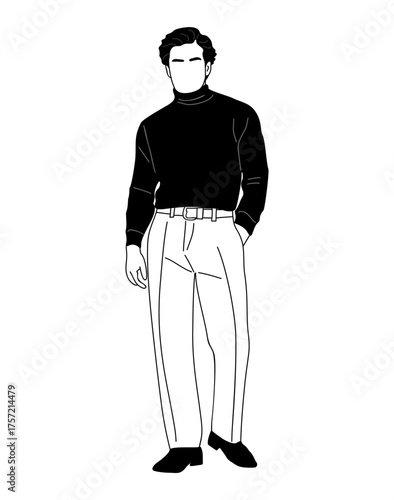 Minimalist vector of a figure in black turtleneck and white pleated pants, continuous line art style, modern fashion illustration, clean lines on transparent background, casual pose