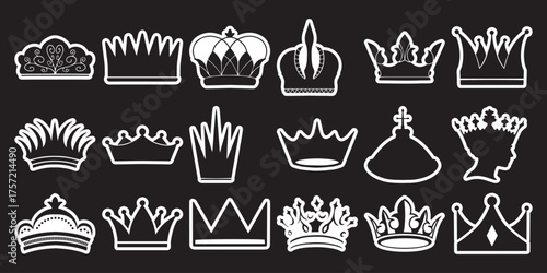 Collection of White Crown Icons on a Black Background