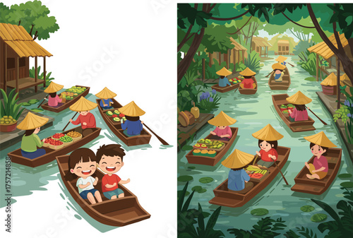 Floating market illustration, tropical boats, fruit vendors, conical hats, canal scene, Southeast Asia, lily pads, village houses, vibrant culture, travel art
