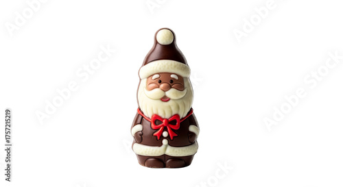 Chocolate Santa stands upright displaying his dark chocolate suit and chocolate beard against a isolated background.