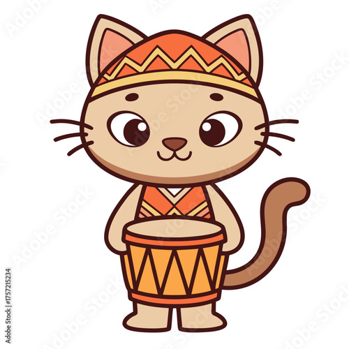 Cute cat drummer wearing traditional costume, playing a drum with enthusiasm