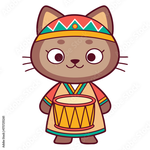 Cute cartoon cat character in a tribal costume playing a traditional drum. Adorable kitten musician with a headband and ethnic clothing, isolated vector illustration for children