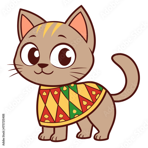 Adorable cartoon cat with a colorful patterned sweater, perfect for children's books and animal-themed designs