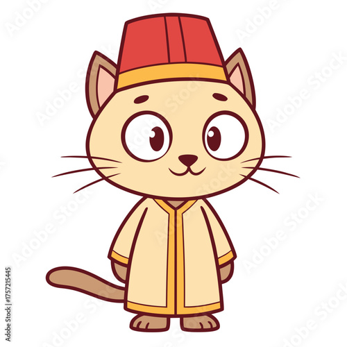 Cute Cartoon Cat Character Wearing a Traditional Outfit and a Fez Hat, Whimsical Illustration