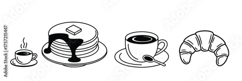 Vector black and white line art illustration of breakfast foods coffee pancakes croissant and pastry for eps files silhouette vector illustration white background
