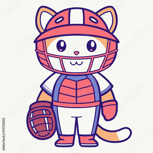 An adorable cartoon cat character illustrated as a baseball catcher, wearing a helmet, mask, and mitt for a sports game