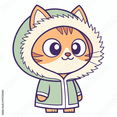 Adorable cartoon tabby cat character wearing a cozy green winter parka with a furry hood, looking friendly and cheerful, perfect for seasonal designs and cute animal themes