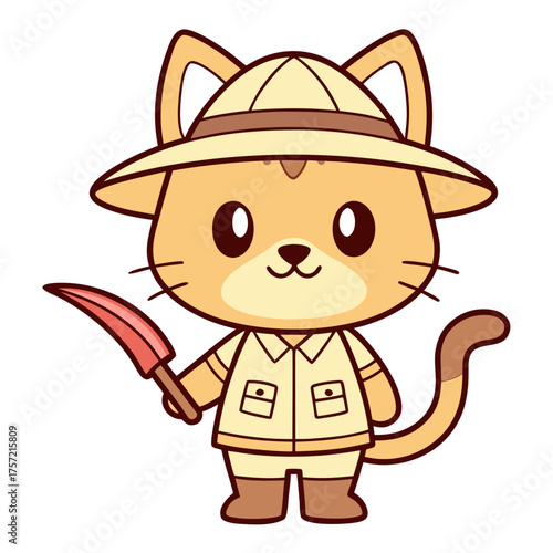 Cute cartoon cat character dressed as a safari explorer with a pith helmet. Adorable feline adventurer on a jungle expedition, vector illustration