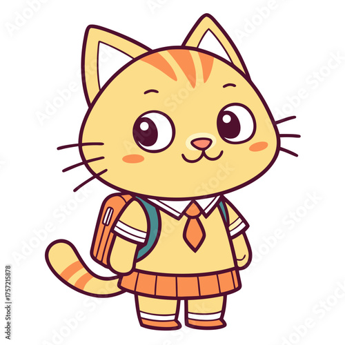 Cute Cartoon Cat Wearing School Uniform and Backpack Ready for Education Adventure