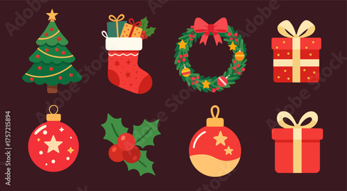 Christmas items illustrations set. Vector clipart for Christmas. Christmas attributes and objects.