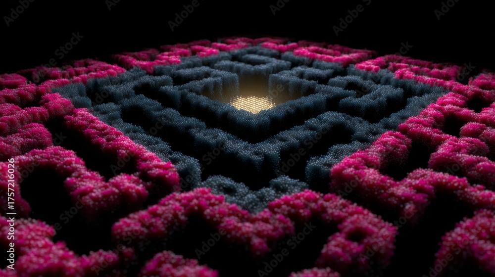 Obraz premium Abstract 3D maze with vibrant pink and dark blue particles, glowing center light, and deep shadows