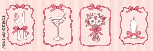 Vintage style decorative labels featuring cutlery cocktail flowers and candle vector eps illustration silhouette vector illustration white background