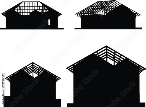House construction silhouette, roof truss structure, architectural framing, building design, residential development, black vector, engineering, perspective view, construction stages,