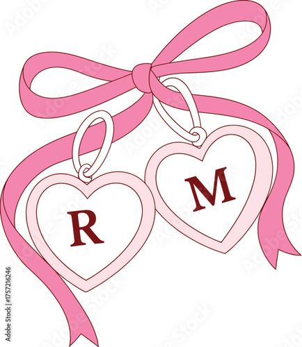 Vector illustration of a pink ribbon tied around two heart charms with monogram letters r and m silhouette vector illustration white background