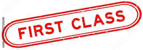 Grunge red first class word rubber seal stamp on white background