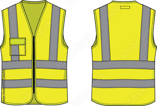 High visibility safety vest vector illustration with reflective stripes front and back view for construction, roadwork, worker protection equipment design