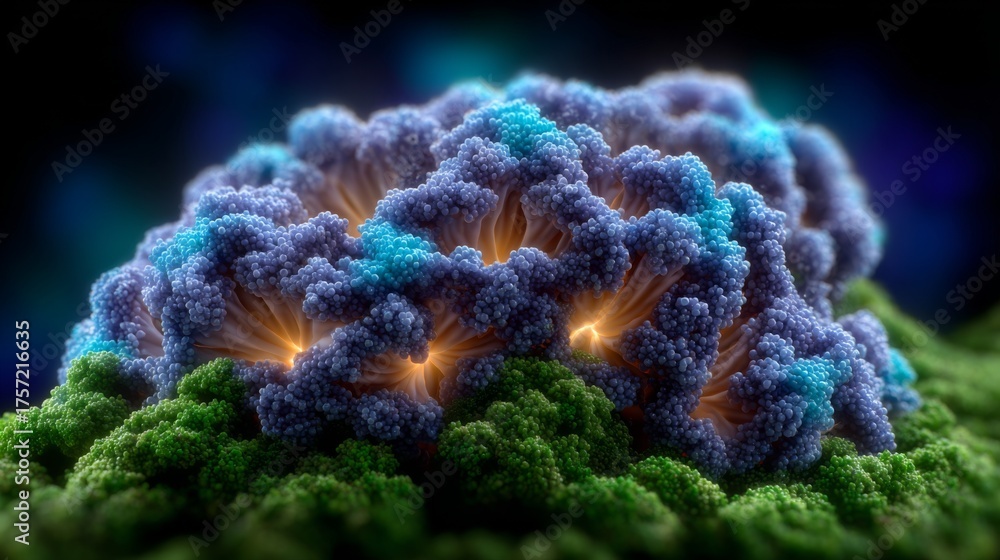 Obraz premium Vibrant Macro Coral Formation with Bioluminescent Glow, Deep Ocean Abstract