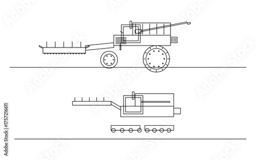 Combine Harvester Outline Vector (2 Variations) – Agricultural Machinery Icons, Farming Equipment Symbols, and Modern Industrial Illustration
