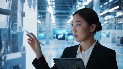 Hightech factory woman with electronic pen