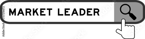 Search banner in word market leader with hand over magnifier icon on white background