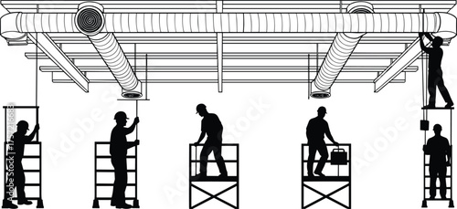 HVAC workers silhouette, ceiling duct inspection, industrial maintenance team, ladder safety, ventilation system repair, construction site, air duct installation, teamwork