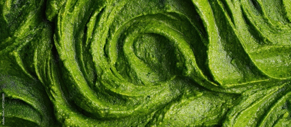 Fototapeta premium Swirling mass of vibrant green paste, possibly a food item like matcha or pesto, showing a rich, textured surface with subtle highlights and shadows