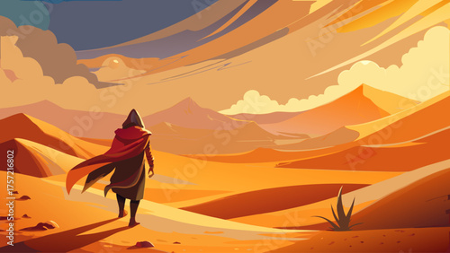 A lone traveler walking through a massive sandstorm, scarf covering face, strong winds lifting dunes, orange sky blending with dust, mysterious desert survival scene