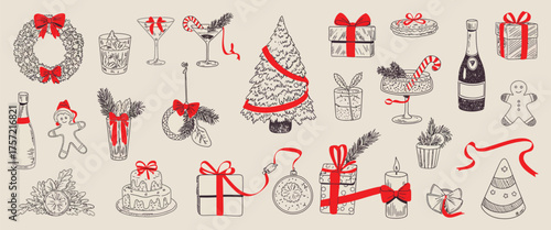 Vector hand-drawn collection of festive christmas objects includes wreath gifts tree champagne and more silhouette vector illustration white background