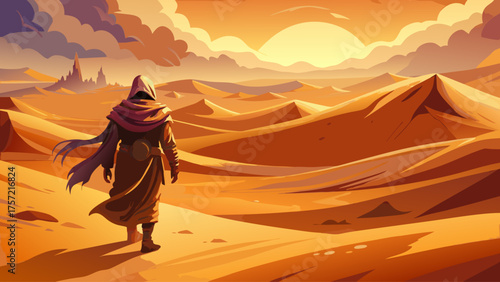A lone traveler walking through a massive sandstorm, scarf covering face, strong winds lifting dunes, orange sky blending with dust, mysterious desert survival scene