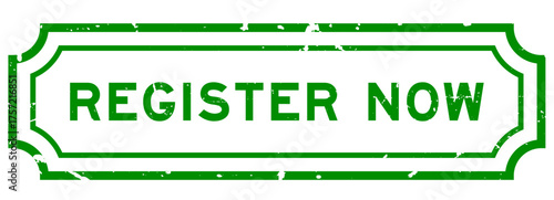 Grunge green register now word rubber seal stamp on white background