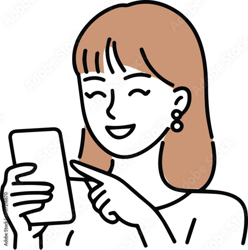 Smiling woman with bob haircut points to her mobile phone screen, isolated