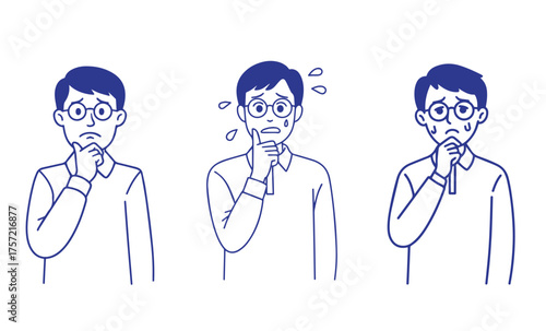 Line art shows an anxious man in glasses contemplating, sweating, and feeling concerned