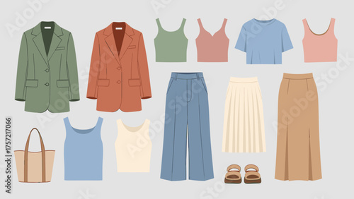 Modern Women's Capsule Wardrobe Flat Lay. Stylish Clothing Collection: Blazers, Tops, Skirts, Pants & Accessories.
