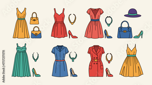 Stylish Women's Fashion Outfits Collection: Dresses, Handbags, Heels, Jewelry in Flat Design Vector Set