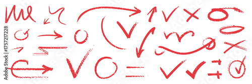 Collection of hand-drawn red chalk style arrows checkmarks circles symbols and math notation vector graphics silhouette vector illustration white background