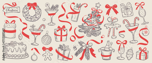 Collection of hand drawn christmas elements vector illustration scalable eps festive holiday gifts ribbons and drinks silhouette vector illustration white background
