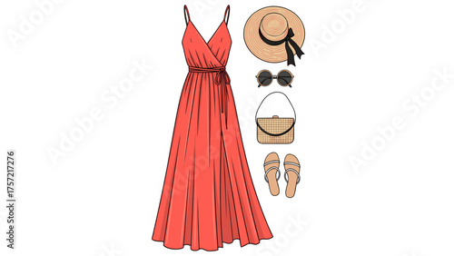 Women's Summer Fashion Outfit Flat Lay with Maxi Dress, Straw Hat, Sunglasses, Handbag, and Sandals