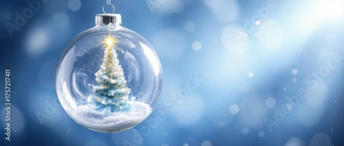 Transparent Christmas bauble containing a snow-covered fir tree with a glowing star on top, hanging against a blue blurred background. Sparkling festive mood. Elegant and magical.