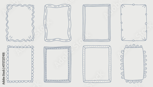 Set of eight hand-drawn rectangular frames versatile decorative borders for scalable graphic design projects silhouette vector illustration white background