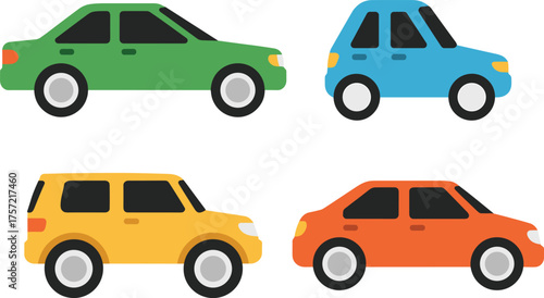 Colorful cartoon cars illustration, set of vehicle icons, simple flat design automobiles for transport concept, children education graphics