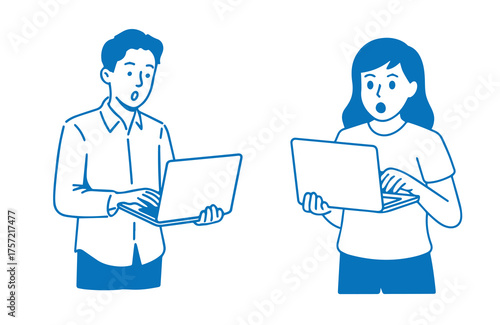 Surprised man and woman are using laptops with shocked expressions on white background
