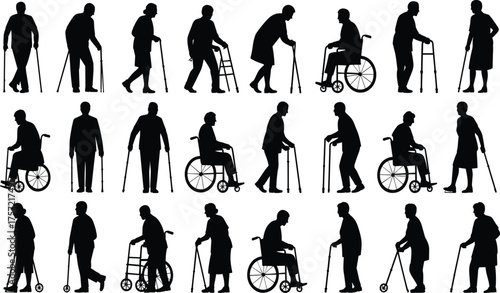 Elderly individuals using mobility aids, wheelchairs, and walking support, depicting aging, disability care, rehabilitation, and medical assistance individuals using mobility aids, wheelchairs,